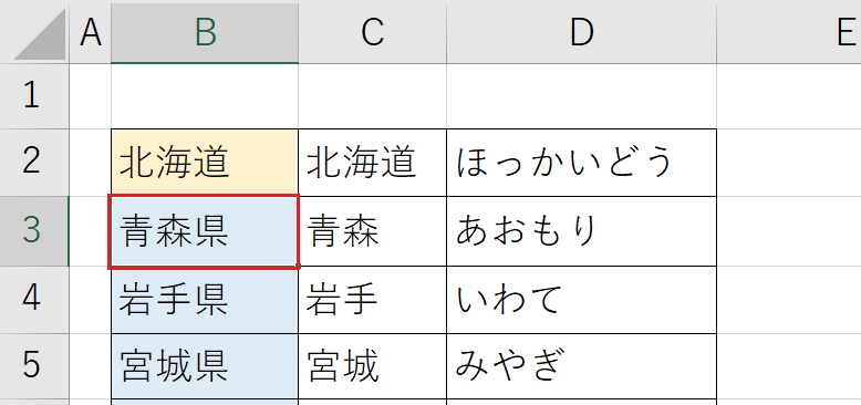 全体を選択した行内にあるセルをひとつ選択