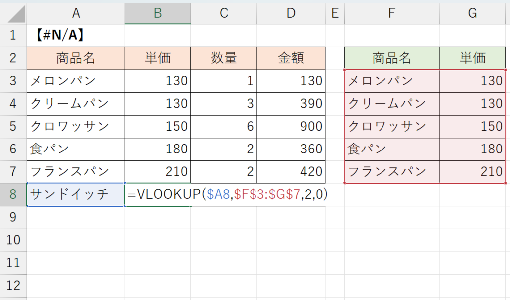 「#N/A 」エラーの原因（参照先にデータがない場合）