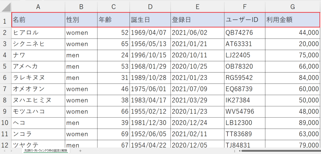 先頭行の固定