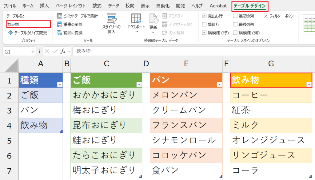 テーブル名は必ずマスタのヘッダー名と同じ名前