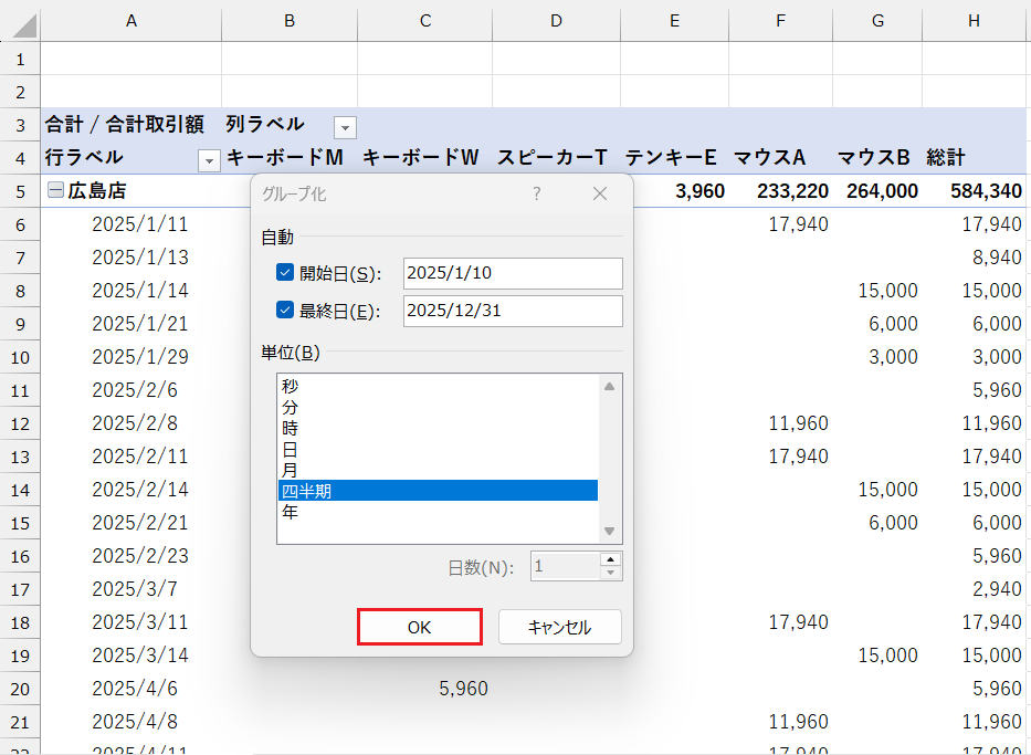 ピボットテーブルのグループ化