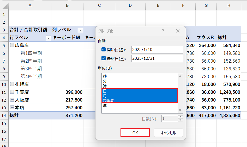 ピボットテーブルのグループ化
