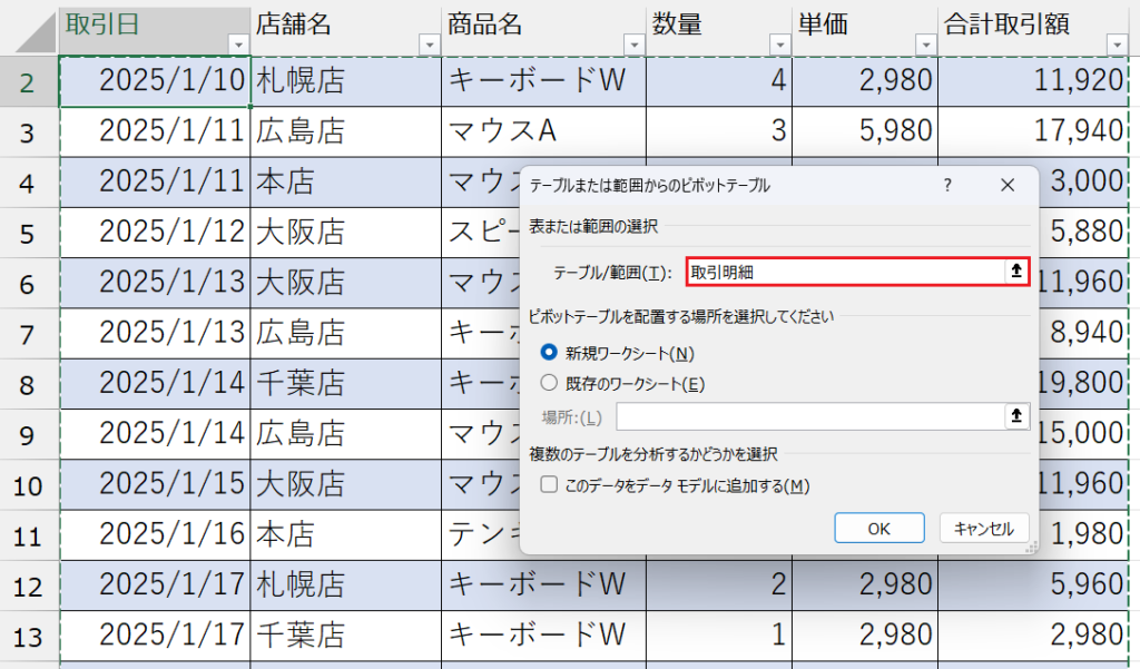 ピボットテーブルの挿入