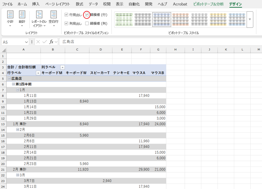 ピボットテーブル_色・デザインの変更