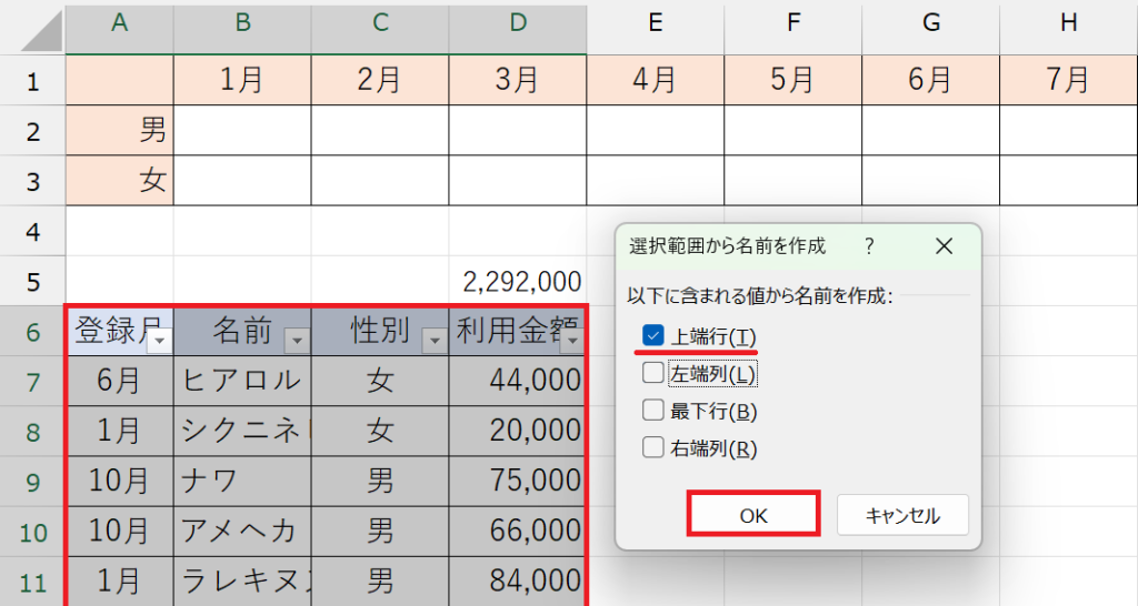 見出しを使ってセル範囲に一括で名前を付ける