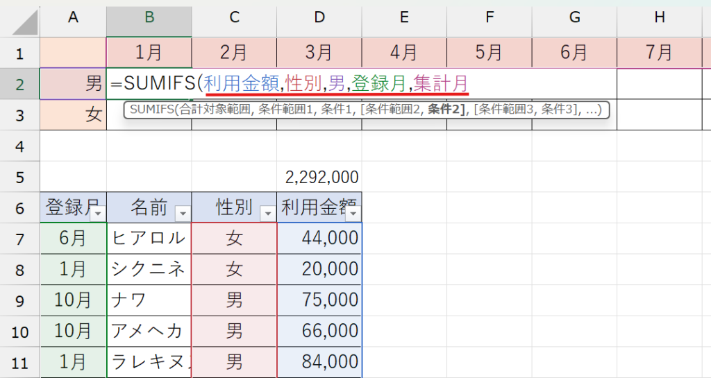 名前を使ったSUMIFS関数の作り方